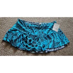 NWT 24th & Ocean Turquoise Brown Mid Waist Skirted Hipster Bikini Swim Bottom XL